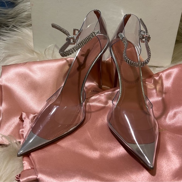 AMINA MUADDI ❤️‍🔥 Ursina Crystal Ankle Strap Glass Clear High Heels 38.5 NIB - Picture 6 of 12